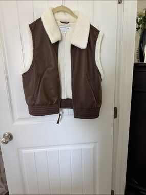 Marc New York Brown Faux Leather Vest with Cream Sherpa Trim